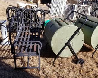 Compost bins, metal bench, garden fencing