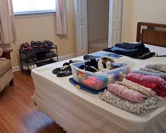 Recliner, shoes and rack, clothing