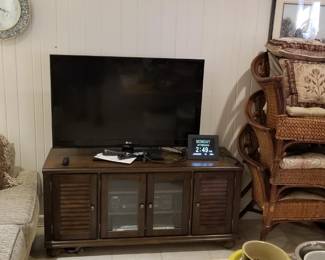 46" LG TV, Media Console, DVD player, 3 more Rattan wicker chairs