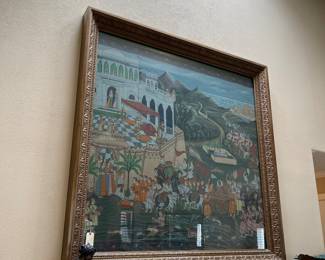 Very large 7’ x 7’ appx painting Indian with the God Krishna arriving.