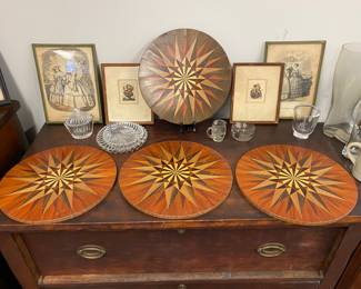 Inlaid wood disc trivets and art 