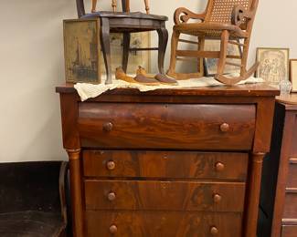 1 over 3 antique chest of drawers -beautiful grain! Vtg. Rocker, chair and stool