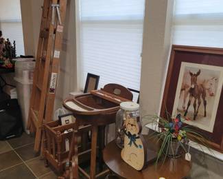 HIGH CHAIR CUSTOM MADE BY FATHER, END TABLE, MAGAZINE RACK, LADDER-WOOD, MORE PICTURES AND DECORATIONS