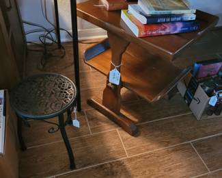 PLANT STOOL, END TABLE AND RELIGIOUS BOOKS
