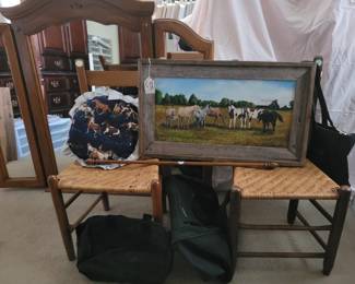 HAND PAINTED PICTURE OF HORSES, 2 CHAIRS, PILLOW.  NOTICE MIRROR  IN BACKGROUND GOES WITH DRESSER SHOWN EARLIER
