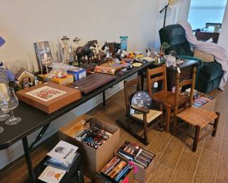 DVD COLLECTION, MORE GAMES, WESTERN COLLECTION OF STATUE AND BOOKEND, MORE CUSTOM MADE CHILDREN CHAIRS (MADE BY FATHER)