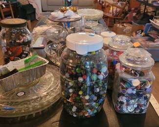 LOADS OF MARBLES ( 2 large jar of marbles sold 1/25/24) AND BUTTONS AND MISCELLANOUS SERVING PLATES/DISHES