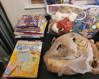 PAPER CRAFT BOOKS, BUNDLES OF THREAD (SOLD), FABRIC REMNANTS & YOYOS SOLD 1/25/24)