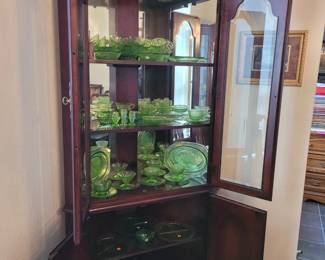 CORNER HUTCH MATCHES DINING TABLE, MORE GREEN DEPRESSION DISHES, ETC