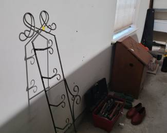 PLATE RACK, ANOTHER CUSTOM WOOD POTATOE BIN, OTHER MISCELLANEOUS TOOLS