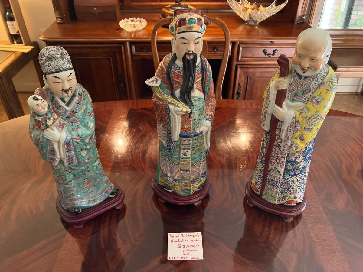 Rare early 20th century c.1919-1929 Chinese hand painted porcelain 20". Valued at $8,900.00 by antiques expert. The set of 3 is offered at $2,000.00 or headed to auction. Serious inquiries only.