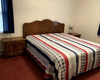 Solid wood king size bedroom suite, mattress not included.  Headboard measures 49" x 76".