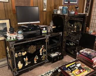 Chinese black lacquer cabinet with inlay. 