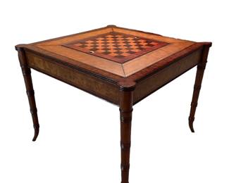 $500 - Ethan Allen Multi Game Chess Backgammon Checkers Table NJ220-37                                                                      Ethan Allen game table with a inlaid design on the lift-off top with storage in the center for all your game pieces. This is the perfect addition to your game room! Play backgammon or chess

Dimensions: 37 x 37 x 30"H

Condition:  Good condition.  One spot needs refinishing

Local pick up Rockville, MD.  Please contact us for shipper suggestions