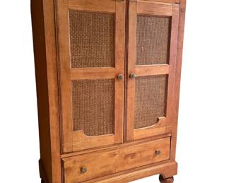 $750 - Lane Ratan/Wood 1 Drawer Armoire NJ220-35 This Lane Furniture armoire features a unique rattan front design and a sturdy wood construction. With its spacious drawer, it offers convenient storage while adding a touch of elegance to any room. Expertly crafted with quality materials, this armoire is a durable and stylish addition to your home.

Dimensions: 45 x 26 x 70"H

Condition:  Very good condition.  

Local pick up Rockville, MD.  Please contact us for shipper suggestions