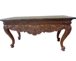 $900 - Ethan Allen Marble Top Console w Carved Wood Leg Table NJ220-30                                                                                        Description: This Marble Top Console Table is a stunning addition to any home. With its sleek marble top and elegant carved wood base design, it adds a touch of luxury to your living space. Made with high-quality materials, it is durable and built to last, making it a practical and stylish choice. Enhance your home decor with this beautiful console table.

Dimensions: 60 x 20 x 33"H

Condition:  Very good condition.  

Local pick up Rockville, MD.  Please contact us for shipper suggestions