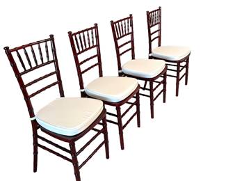 $275 - Set of 4 Chiavari Wood Dark Fruitwood/Ivory Cushion Chairs NJ220-38                                                                       Constructed with durable fruitwood and designed with classic Chiavari style, these chairs offer both elegance and comfort with their ivory cushion seats. Perfect for formal events or everyday use, this set of 4 chairs will elevate any seating arrangement.

Dimensions: 15 x 15 x 36"H

Condition:  Good condition.  

Local pick up Rockville, MD.  Please contact us for shipper suggestions