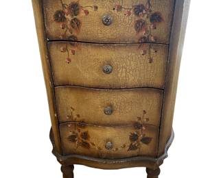 $350 - Floral Hand Painted 4 Drawer Tall Boy Chest Dresser NJ220-15                                                                                 Elevate your bedroom, hallway or any room in the house with our Floral Hand Painted 4 Drawer Tall Boy Chest Dresser. This expertly crafted dresser features hand painted floral designs and four spacious drawers for all your storage needs. Made with quality materials, this dresser will bring a touch of elegance to any room.

Dimensions: 24 x 14 x 33"H

Condition:  Very good condition

Local pick up Rockville, MD.  Please contact us for shipper suggestions