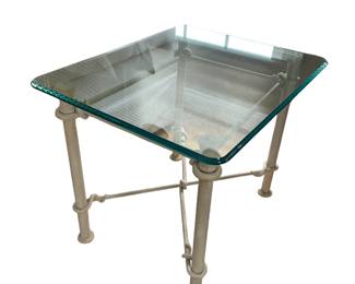 $500 - Glass Top Cream Forged Metal Frame Giacometti Style End Table NJ220-14                                                                       Description: Enhance your living space with our Glass Top White Wrought Iron Base Side Table. The cross braced design provides stability and durability, while the glass top adds a touch of sophistication. Perfect for any room, this side table effortlessly combines style and functionality.

Dimensions: 22 x 27 x 22"H

Condition:  Very good condition

Local pick up Rockville, MD.  Please contact us for shipper suggestions