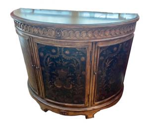 $1200 - Hand Painted Wood Demilune Accent Cabinet  Commode NJ220-22                                                                                 Description: This Hand Painted Wood Demilune Accent Cabinet Commode is expertly crafted with beautiful hand-painted wood, adding a unique touch to your home decor. Enhance the aesthetic of your space with this functional and stylish piece, perfect for storing items while also adding a decorative element.

Dimensions: 44 x 19 x 35"H

Condition:  Very good condition

Local pick up Rockville, MD.  Please contact us for shipper suggestions