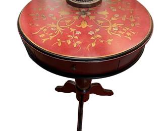 $250 - Hand Painted 1 Drawer Red and Wood End Table NJ220-6                                                                                                             Description: Expertly hand painted, this 1-drawer red and gold end table brings a unique touch of artistry to your home. The intricate design adds charm and character to any room, while the drawer provides convenient storage. Elevate your decor with this functional and visually stunning lamp table.

 Dimensions: 20.5 x 20.5 x 28

Condition:  Very good condition

Local pick up Rockville, MD.  Please contact us for shipper suggestions