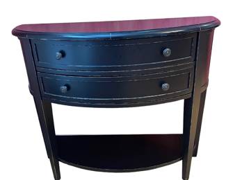 $400 - Demilune Black Wood 2 Drawer w Shelf Table NJ220-24                                                                                                        Description: Expertly crafted from durable black wood, this Demilune table features 2 pull-out drawers and a convenient shelf for additional storage. Its elegant half-moon shape adds a touch of sophistication to any space. Perfect for decluttering and organizing your belongings, this table is a must-have in any home.

Dimensions: 38 x 14 x 32"H

Condition:  Very good condition

Local pick up Rockville, MD.  Please contact us for shipper suggestions