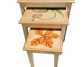 $300 - Hand Painted Floral Nesting Tables NJ220-33Expertly hand-painted with beautiful floral designs, these nesting tables add a touch of elegance to any room. Crafted with precision and care, they not only serve as functional pieces but also as stunning works of art. Perfect for small spaces, these tables provide convenience without compromising style.

Dimensions: 24 x 18 x 24"H

Condition:  Very good condition.  

Local pick up Rockville, MD.  Please contact us for shipper suggestions