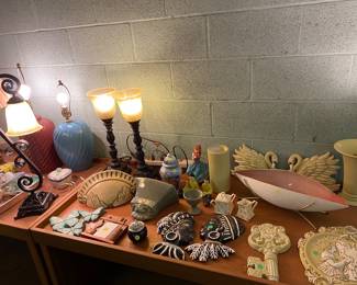 Decorative items including 1957 Miramar of Calif canoe-shaped vase with stand