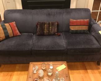 Navy Blue Chenille Interiorcraft 3 Cushion Sofa with extra Fabric Bolt.