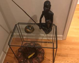 Black Minimalist Metal Side/End Glass top Table: Isocele by Max Sauze .
Carved African Warrior art on top.