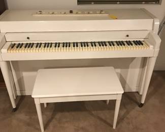 Painted White Console Piano with Bench.