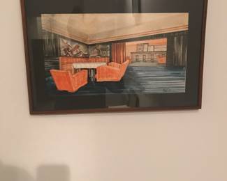 Art deco interior water color, signed