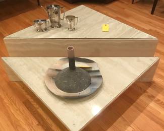 Two tiered Travertine Marble Coffee table. with cut out glass tops.