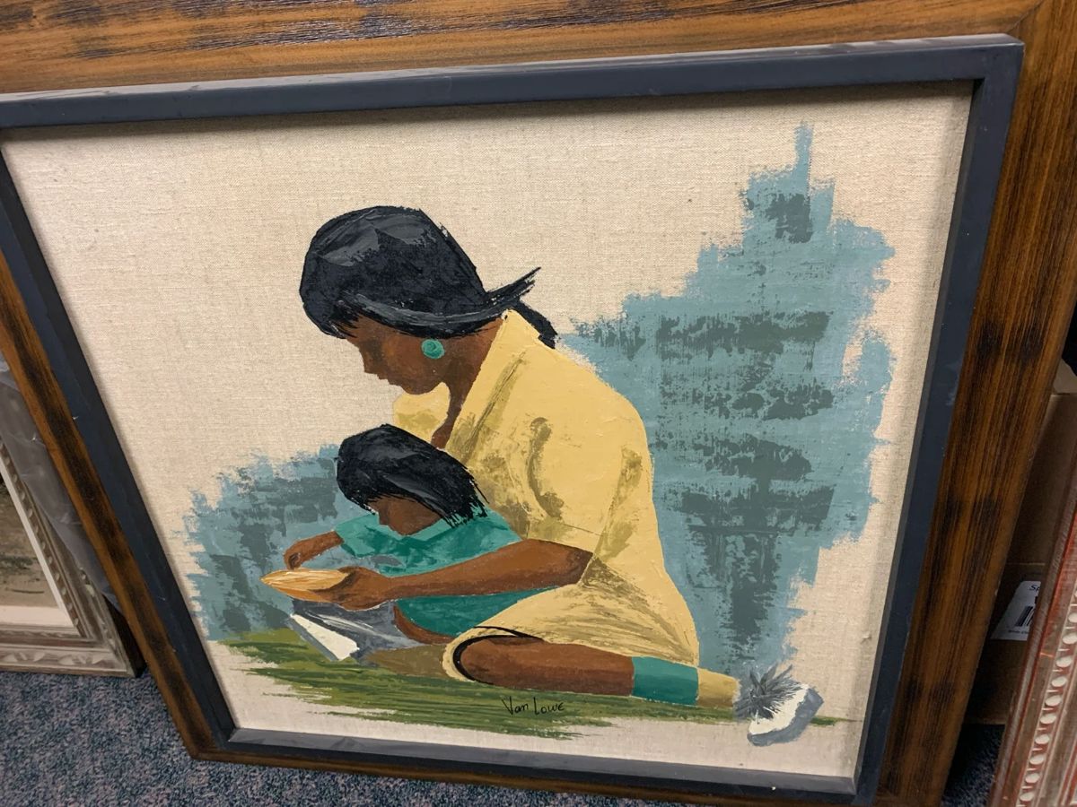 Item #111  Van Lowe (NM 20th C) 'Eternal Love' oil on fabric covered panel, 34" x 34" framed, $95