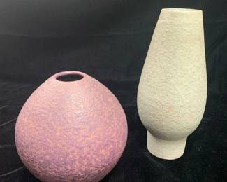 Item #56A Mid-C art pottery 6" round vase on left, marked 'Italy 655/A, $50; 56B Mid-C art pottery 9 1/2" vase on right, marked 'Italy 655/A', $60 . Both attributed to Bitossi for Raymor.