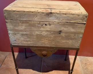 Item #70 Small vintage rustic trunk on metal stand, 31" H, 22" W, 12 1/2" D, $180