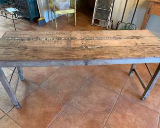 Item #69 Very cool Industrial wooden and metal folding table, ca 1900, traces of original paint, 68" x 31", $600