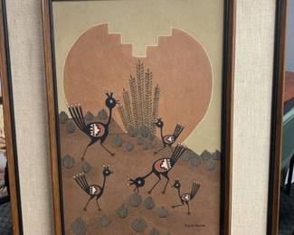 Item #1 Pablita Velarde (Santa Clara 1918-2006) 'Family of Roadrunners' mineral pigment painting, 30" x 23" framed, $2,000