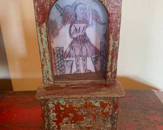 Item #46 19th C Mexican church offering box with original painting of archangel, 11 1/2" H, $275
