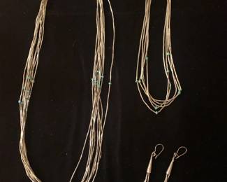 Item #38A 10 strand liquid silver and turquoise bead 24" necklace, $100, PENDING; 38B 5 strand liquid silver and turquoise bead 15" necklace, $50; 38C liquid silver and turquoise bead earrings, $35, PENDING