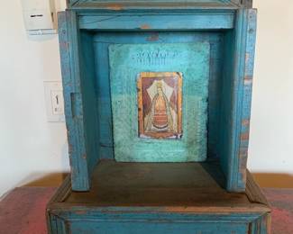 Item #44 Vintage Mexican  shrine nicho with painted tin retablo, 20 1/4" high, $250