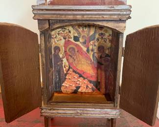 Item #47 Vintage Mexican shrine nicho with original painted retablo, 8" H, $200