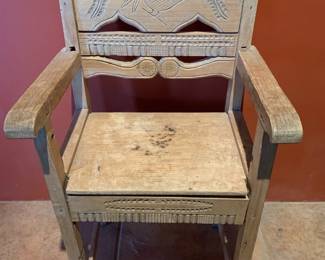 Item #80 Vintage rustic Mexican carved pine armchair, 35" H, 20" W, 15" D, $125
