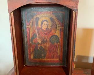 Item #45 Vintage Mexican carved and painted nicho shrine with original archangel retablo, 20 1/4" H, $250