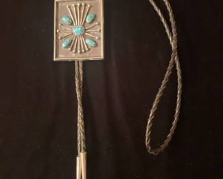 Item # 30 5 Heavy unsigned sterling and Number Eight natural turquoise bolo, ca 1960,  2 1/2" x 2", bolo weight 2.5 oz, $350