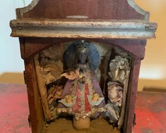 Item #48 Antique Mexican nicho shrine with santo figure, 11" H, $200