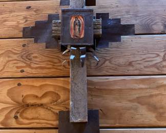 Item #49 22" Guadalupe retablo cross made from 1920s Chimayo door, $150