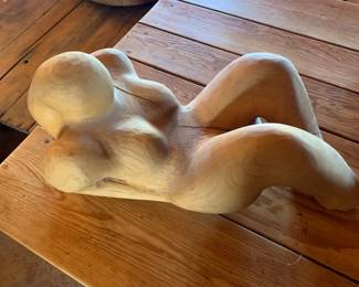 Item #90 Wooden figural sculpture, 1986, signed John Dumy(?), $50
