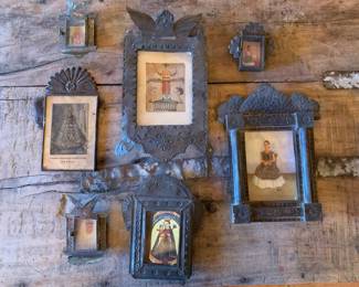 Item #84 Lot of 7 vintage small Mexican folk art stamped tinwork frames, $100