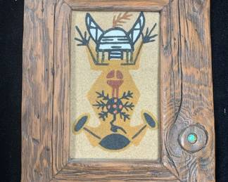 Item # 27 Small 'Mother Earth' sand painting on board, 8" x 6" with nice vintage frame, $35